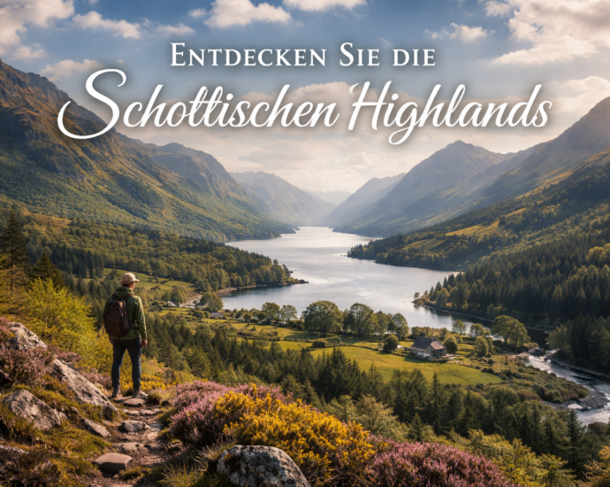 Wanderer blickt bei Abenddämmerung über die weite Landschaft der Schottischen Highlands