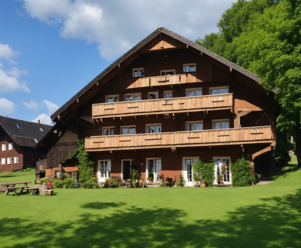 Eine gemütliche Ferienwohnung mit Blick auf die Berge und Wanderschuhen vor der Tür.