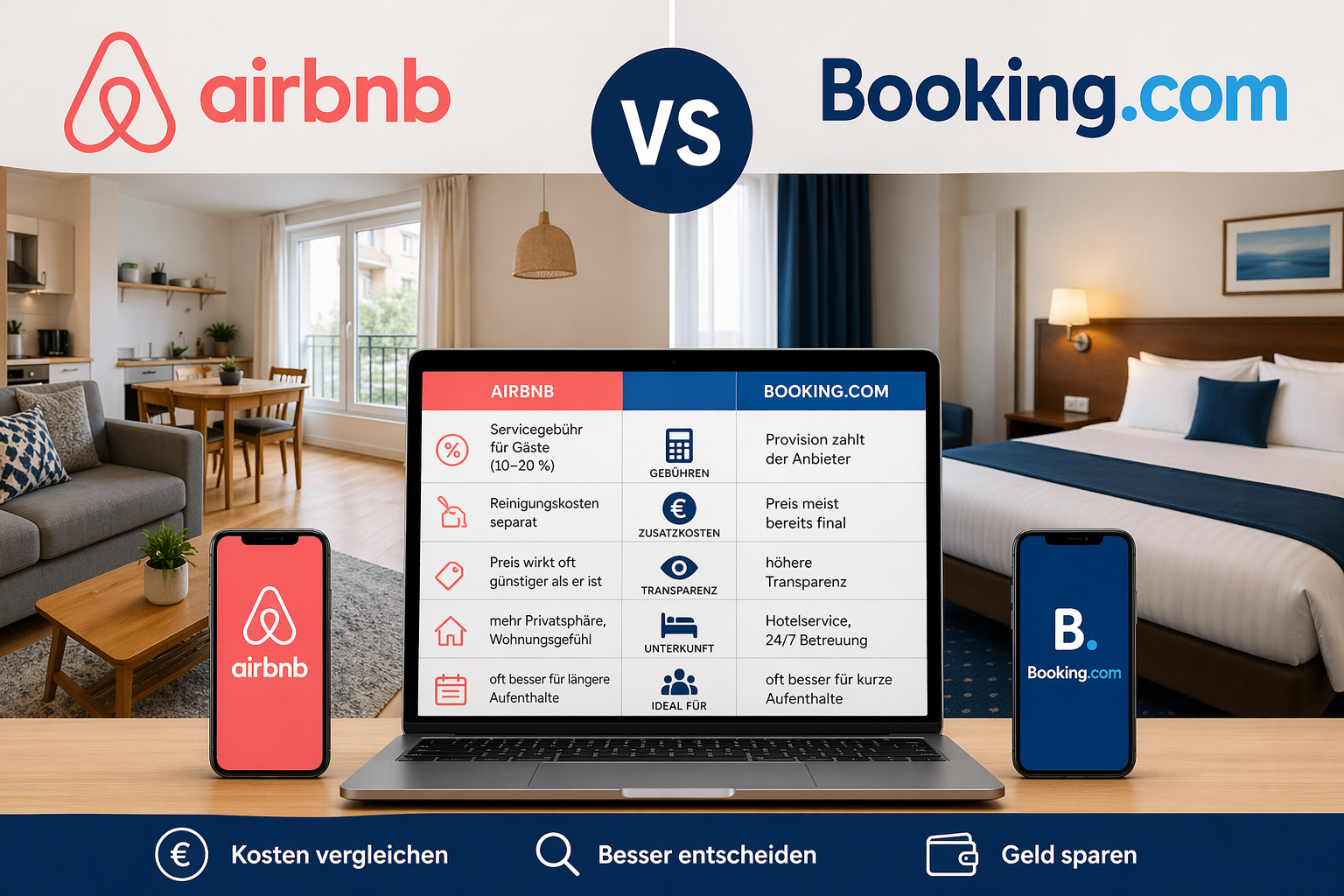 Airbnb vs Booking Vergleich mit Kosten, Gebühren und Unterkunftsunterschieden im Urlaub