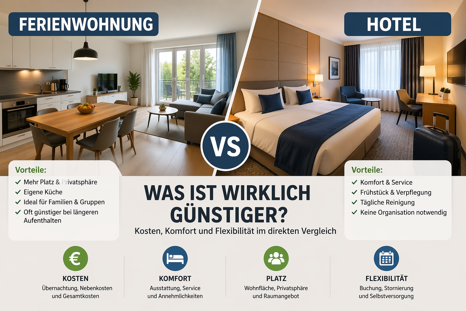 Ferienwohnung und Hotel im Vergleich mit Fokus auf Kosten, Ausstattung und Unterkunft im Urlaub