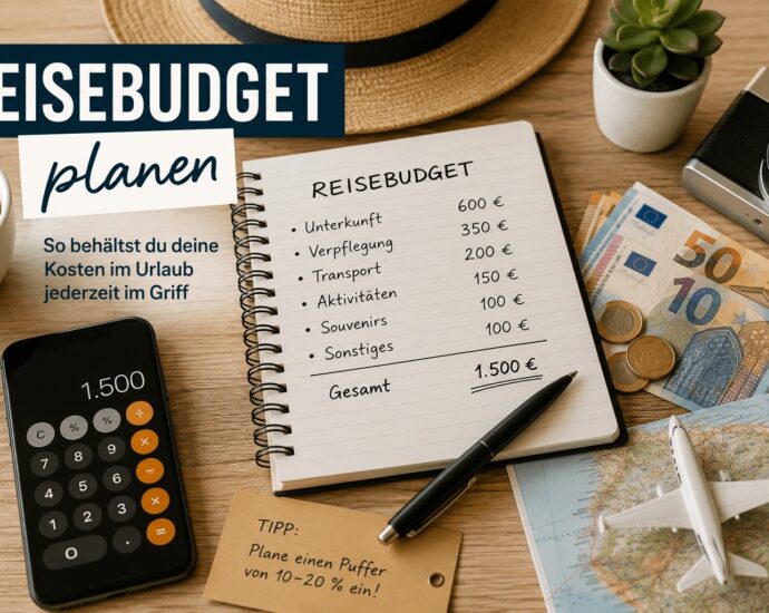 Reisebudget planen mit Kostenübersicht, Taschenrechner und Urlaubsvorbereitung auf einem Tisch