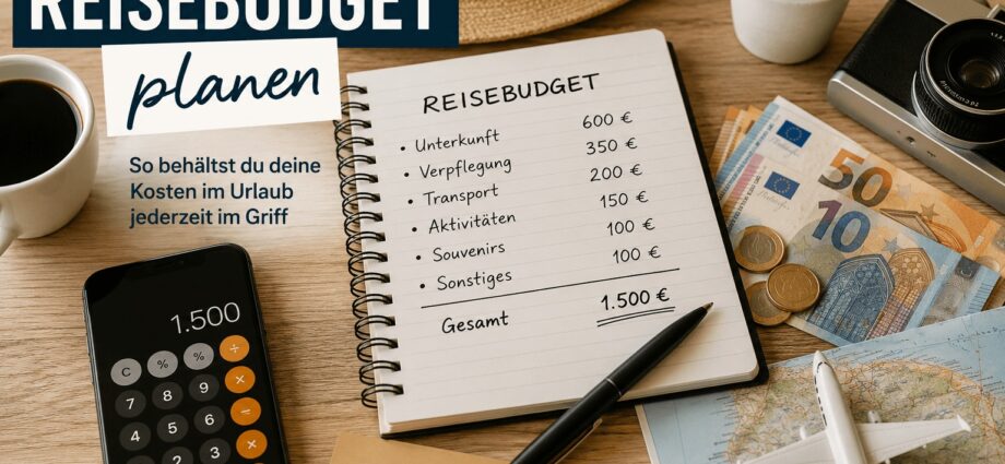 Reisebudget planen mit Kostenübersicht, Taschenrechner und Urlaubsvorbereitung auf einem Tisch
