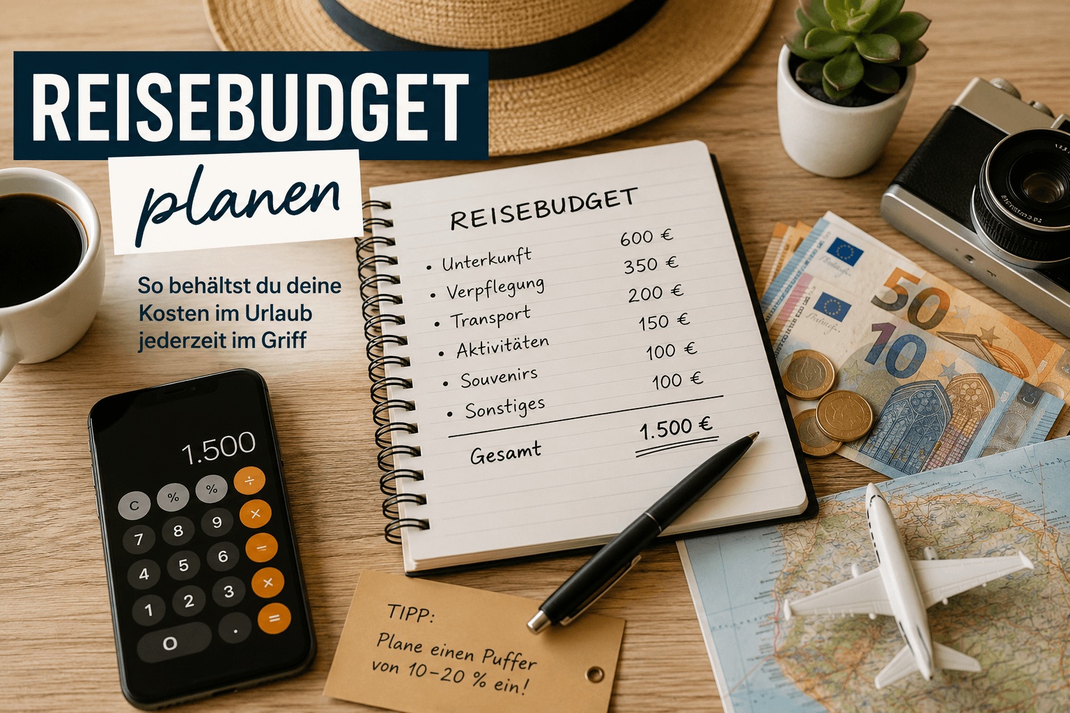 Reisebudget planen mit Kostenübersicht, Taschenrechner und Urlaubsvorbereitung auf einem Tisch